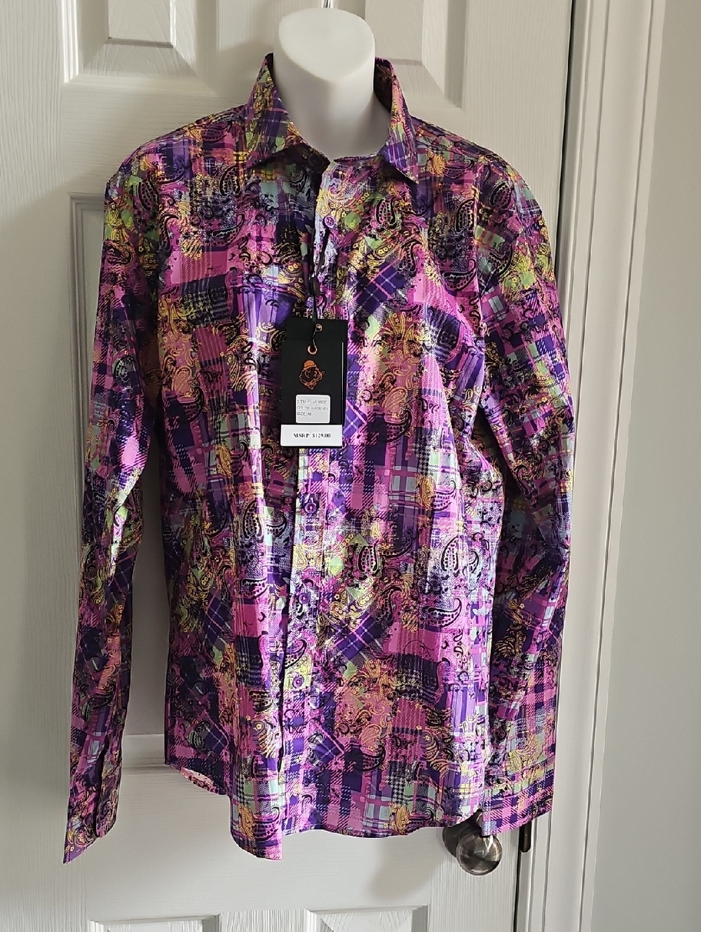 CIGAR Men's Purple Paisley Plaid Button-Down Shirt by